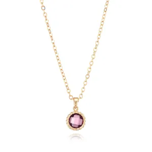 Gold-plated purple zircon pendant necklace detail view, delicate chain and stone close-up