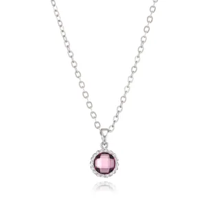 Silver-tone chain necklace featuring a purple birthstone pendant with a twisted rope border.