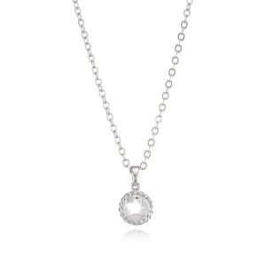 Detailed close-up of silver chain necklace with sparkling clear stone and twisted rope bezel.