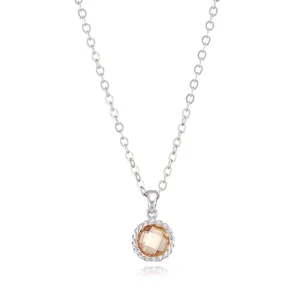 Detailed close-up shot of the sparkling champagne crystal pendant with twisted metal trim.