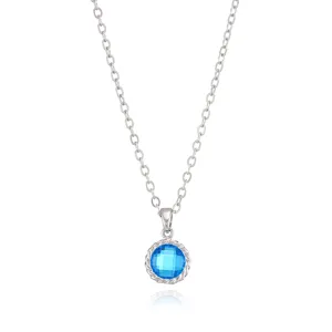 Detailed view of the elegant silver-tone blue cubic zirconia pendant necklace for women.