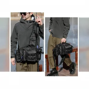 Multifunctional camouflage tactical fishing chest bag, waterproof oxford cloth gear storage pack.