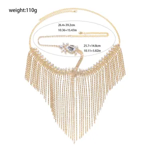Gold rhinestone fringe body chain and mask, perfect for party, festival, and masquerade events.