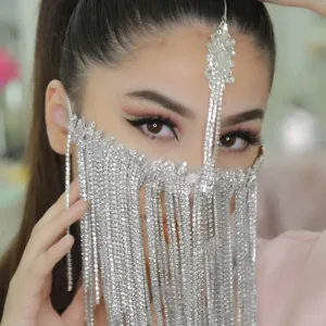 Rhinestone Tassel Full Face Mask Sparkling Crystal Masquerade Mask Luxury Party Festival Face Jewelry For Women