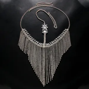 Rhinestone tassel face chain mask for masquerade party, stunning sparkling crystal headpiece.