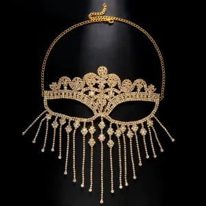Gold rhinestone fringe face mask dazzling crystal masquerade veil party body jewelry.