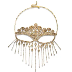 Gold rhinestone fringe masquerade mask face chain prom party stylish fashion accessory.