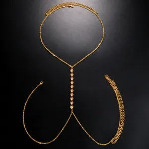 Exquisite gold rhinestone body chain, fashionable sexy bikini chest chain for women jewelry.