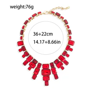 Exaggerated red rhinestone statement necklace for women, bold chunky crystal collar jewelry.