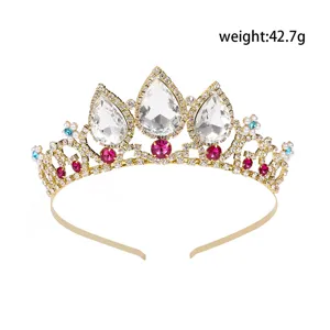 Gold teardrop rhinestone tiara crown with pink crystals, exquisite princess headpiece detail.