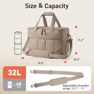 Quilted insulated cooler bag detail showing size, capacity of 32L, and dimensions clearly.