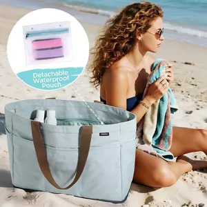 Large capacity beach tote bag with detachable waterproof pouch and durable handles.