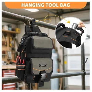 Bolsa de herramientas colgante duradera con múltiples bolsillos, asa resistente y correa ajustable.
