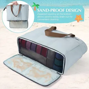Detail view of the beach tote bag showing the innovative zippered bottom sand drainage design.