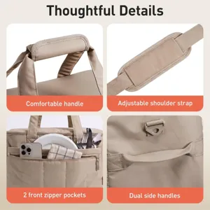 Quilted insulated picnic bag detail showing comfortable handle, adjustable shoulder strap and pockets.