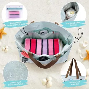 Large capacity beach tote bag with insulated pocket and waterproof material for travel vacation
