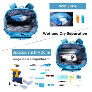 Blauwe waterdichte strandrugzak met natte droge scheiding groot vak voor reis fitness items
