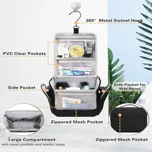 Vue détaillée de la trousse de toilette suspendue avec crochet, poches PVC et filet.