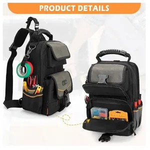 Mochila para herramientas de electricista multifuncional con asa, múltiples bolsillos y correa.