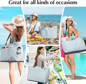 Large capacity waterproof beach tote bag with multiple pockets for travel daily use