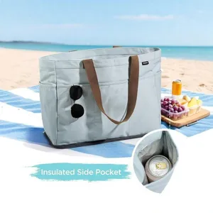 Large capacity waterproof beach tote bag with insulated side pocket, stylish travel bag.