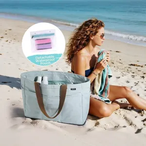 Large capacity waterproof beach tote bag for women with insulated side pocket and detachable pouch.