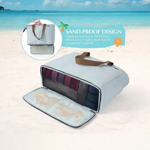 Waterproof beach tote bag large capacity travel bag with sand-proof bottom zipper mesh.