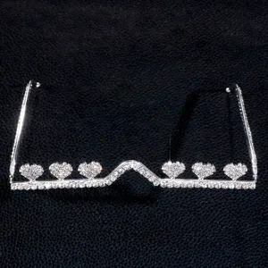 Trendy rhinestone heart glasses frames, sparkling crystal half-frame party face accessory.
