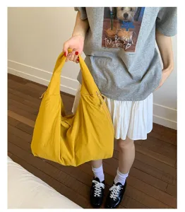 Japanese style casual yellow tote bag for women large capacity shoulder bag soft cloth hobo bag.