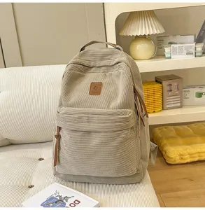Zaino in velluto a coste dettaglio, borsa scolastica casual in stile vintage di grande capacità.