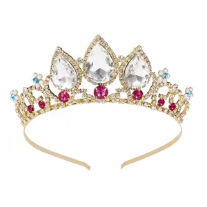 Elegant gold rhinestone tiara crown with teardrop crystals for bridal wedding party.