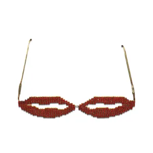 Red rhinestone lip shaped novelty eyeglasses frame, stylish fashion party eyewear accessory.