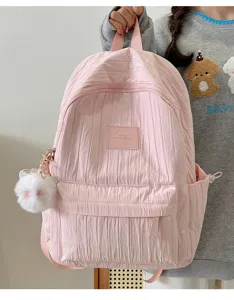 Sac à dos d'école plissé rose avec porte-clés chat pelucheux mignon pour les adolescentes.