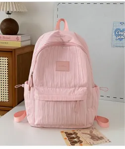 Sac à dos plissé rose de style doux avec poches multiples pour école et quotidien.