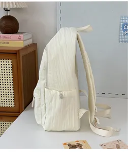 Sac à dos minimaliste uni en toile pour étudiants, sac d'école décontracté, blanc crème.