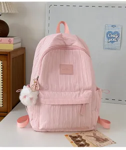 Sac a dos d'ecole plisse rose pour filles sac de loisirs mignon avec porte-cles et poches