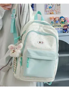 Cute mint green star pattern school backpack for teens canvas casual daypack with plush pendant