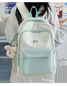 Cute color block star pattern canvas backpack for school girls and students daily casual use.