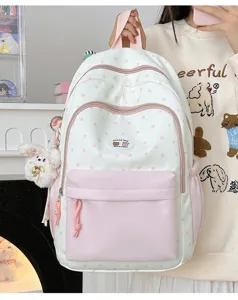 Cute color-block pink star backpack for women and students casual school bookbag fashion