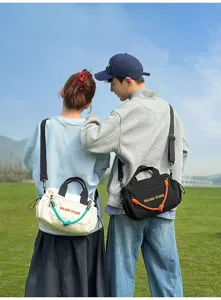 Multifunctional outdoor canvas shoulder bag casual commute tote with colorful rope details.