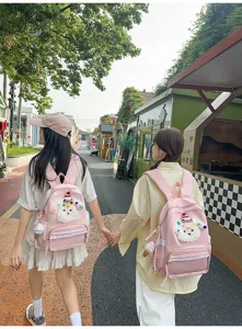 Adorable sac à dos cartable chien pour filles, grand sac rose avec bordure en dentelle.