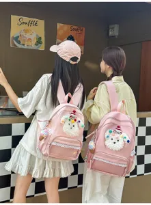 Joli cartable rose pour fille avec chien dessin animé, grand sac à dos avec dentelle plush.