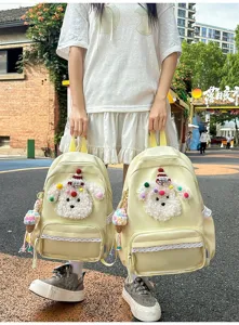 Joli sac a dos de chien de dessin anime, grand sac en toile avec bordure de dentelle.