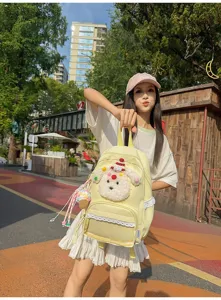 Joli sac à dos scolaire pour filles avec chien en peluche, bordure en dentelle et grande capacité.