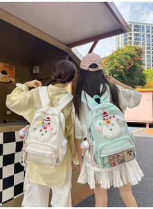 Sac à dos d'école mignon pour filles avec chien en peluche duveteux, bordure en dentelle.
