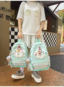 Sac à dos chiot dessin animé mignon avec peluche duveteuse, dentelle et pendentif glace.