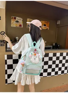 Joli sac à dos chien pelucheux avec bordure en dentelle et poche transparente pour fille.