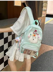 Joli sac à dos cartable de chiot de dessin animé pour filles, grande capacité poche transparente.