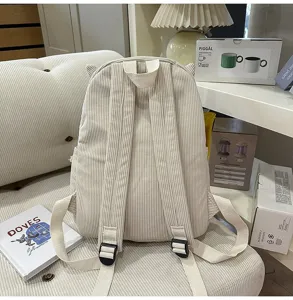 Cute Japanese style corduroy cat ear backpack for girls, casual school bag, beige.