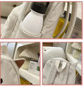 Cute corduroy backpack for girls, beige aesthetic school bag with cat ears and side pockets.